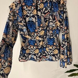 INC International Concepts Blue and Gold Graphic Fitted Blouse